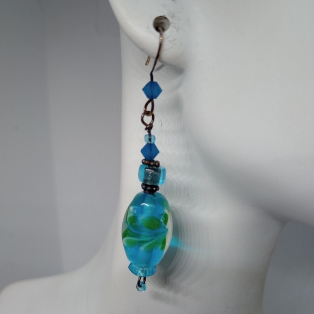 Hand Crafted Beaded Dangle Earrings Blue Green Casual Summer Coastal Colorful